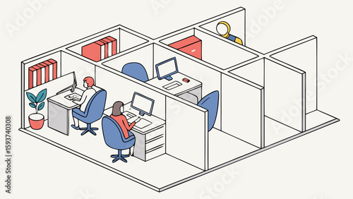 Isometric office space illustration of business workplace with employees and cubicles for corporate design