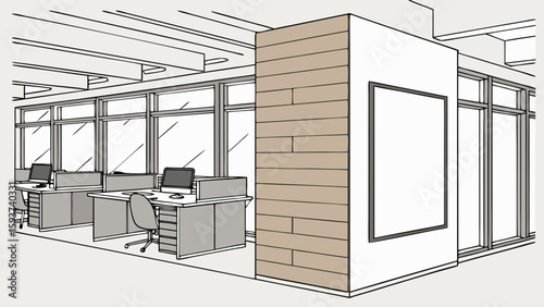 Office interior design illustration with desks, chairs, windows, and modern architectural elements concept