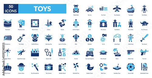 Toys Fill Icon Set. Teddy Bear,  Car,  Train,  Airplane,  Boat,  Robot,  Dinosaur