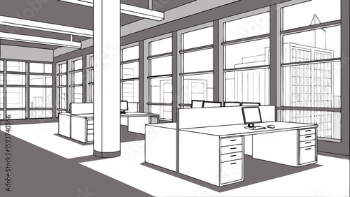 Illustration of modern office space interior design with desks computers and large windows in grayscale style
