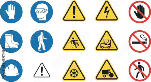 Depiction of various safety and warning signs on a white background