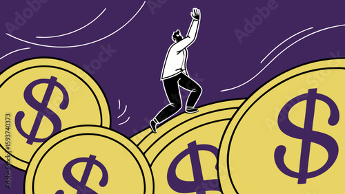 Financial success and growth concept illustration with person climbing on money coins for investment goal achievement