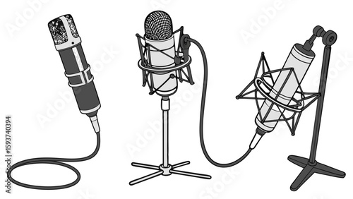Three professional studio condenser microphones for recording podcasts and vocals illustration
