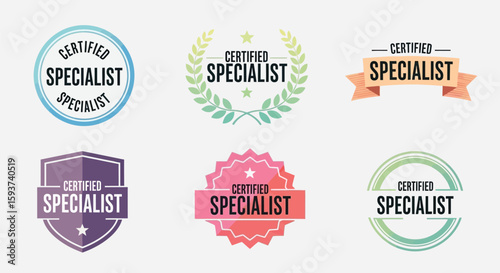 Collection of certified specialist badges in various shapes and colors