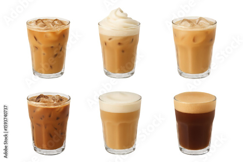Wallpaper Mural Six various coffee drinks, cold and hot, in clear glasses with transparent background. Beverage collection. Torontodigital.ca