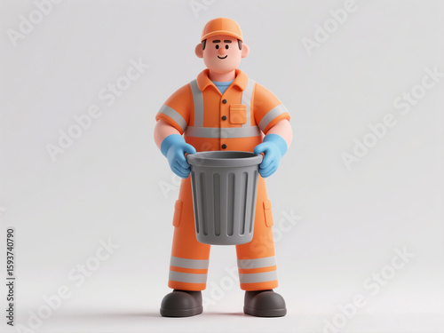 3D Clay Sanitation Worker with Trash Bin in Safety Gear
