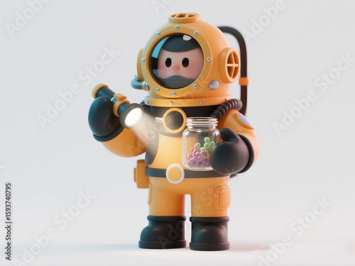 3D Clay Deep-Sea Researcher in Diving Suit with Equipment