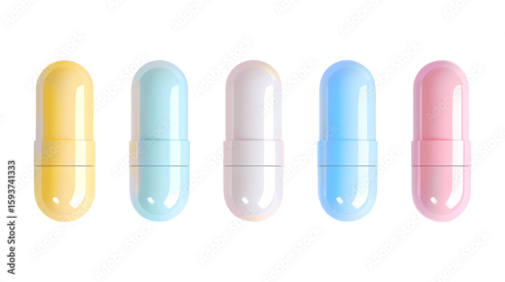 Obraz premium Assorted colorful medical painkiller pills in a row on transparent background. Concept for pharmaceutical design and health care.