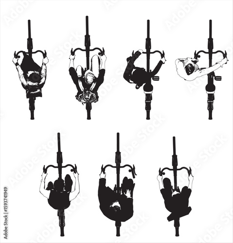 Cyclists Top View, Black and White Vector Illustration.