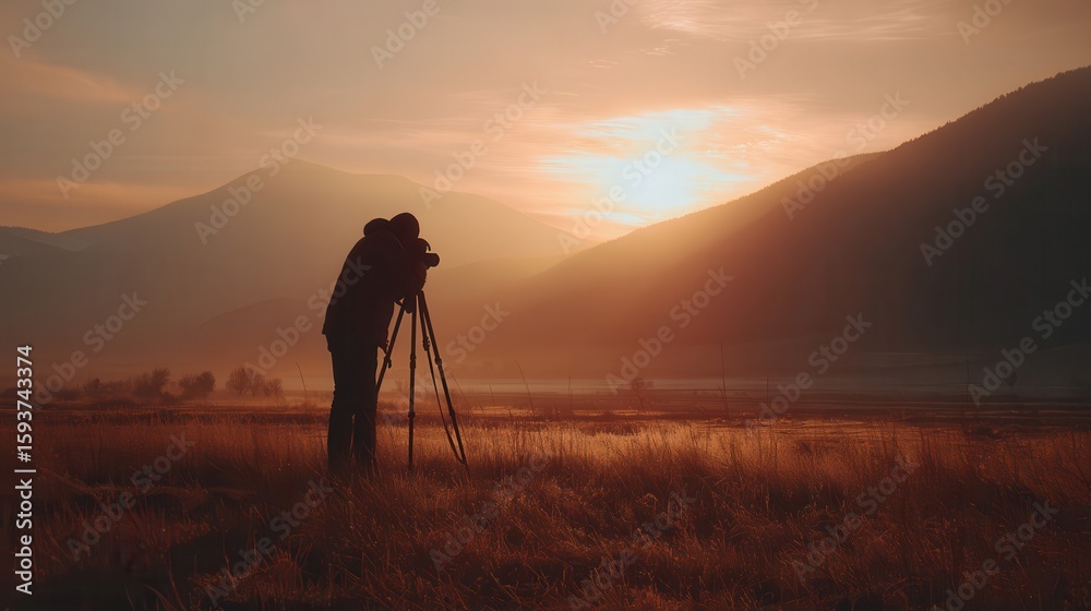 Naklejka premium Silhouette of photographer at sunrise over a field.