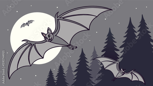 Cartoon halloween bats flying in the night sky with full moon and forest background vector illustration