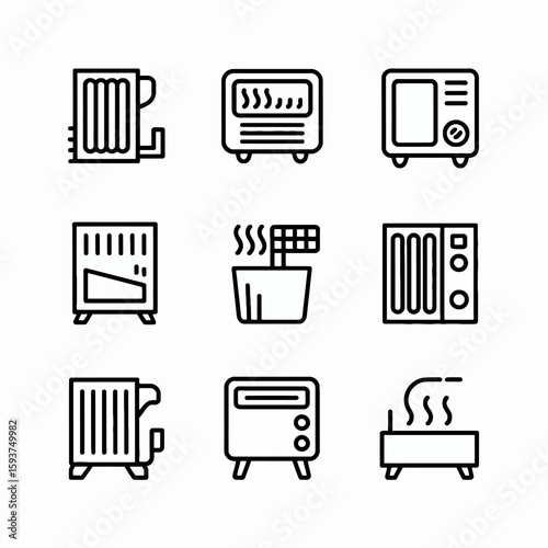 Collection of heating appliance icons isolated on white background