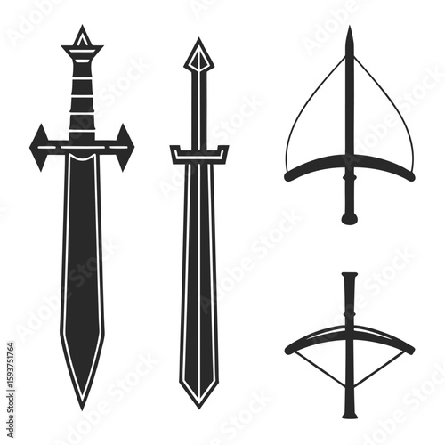 Ancient weapons collection sword crossbow silhouette medieval fantasy