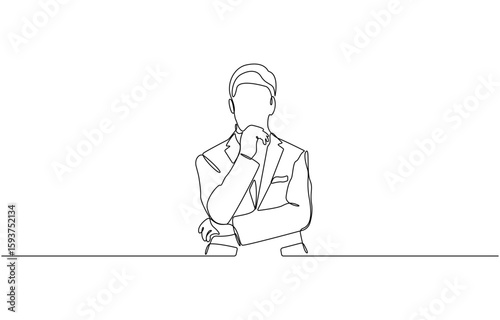Continuous one line drawing of businessman thinking with his hand on his chin,  Man pose thinking in single line draw illustration, Editable stroke.
