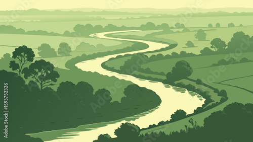 Scenic river landscape illustration with winding river, green fields and trees in a peaceful countryside view