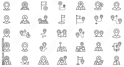 Modern flat icons showcase navigation and mapping elements, designed for user interface and graphic resources focusing on location and destination concepts.