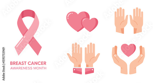 Pink breast cancer awareness ribbon graphic with supporting hands and hearts for solidarity during awareness month.