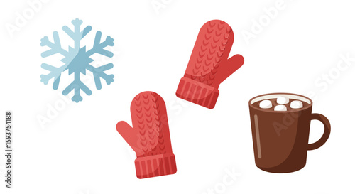 Cozy winter holiday season items including a snowflake, mittens, and a warm drink perfect for cards and festive designs.