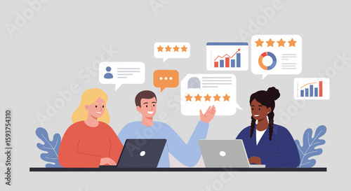 Team of people collaborating with laptops, discussing business data and feedback on customer experience, perfect for corporate designs.