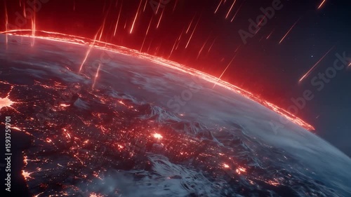 Dramatic View of Earth Under Attack with Red Meteors in Dark Space Showing City Lights on Night Side with a Global Disaster Theme