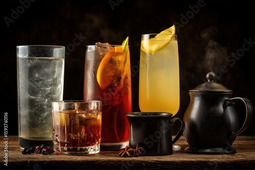 A selection of diverse beverages served against a backdrop of darkness.