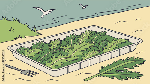Fresh arugula salad greens on beach with seagulls healthy eating vegetarian food picnic outdoor illustration