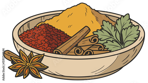 Bowl of spices herbs cinnamon star anise turmeric paprika parsley cooking ingredients for recipe concept