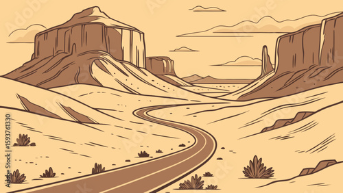 Scenic desert landscape illustration of a winding road through monument valley national park for travel posters