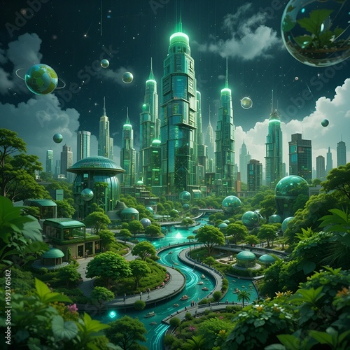 A futuristic eco-friendly city. The innovations of an eco-friendly metropolis. Green technology concept. Generative AI
