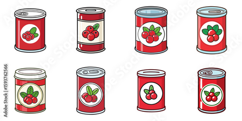 Multiple vector illustrations of canned cranberries