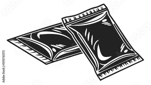 Black and white vector image of two sealed foil packets for food or product packaging and preservation