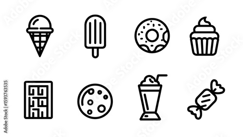 Illustration featuring an assortment of sweets and treats in a linear graphic style design set up nicely