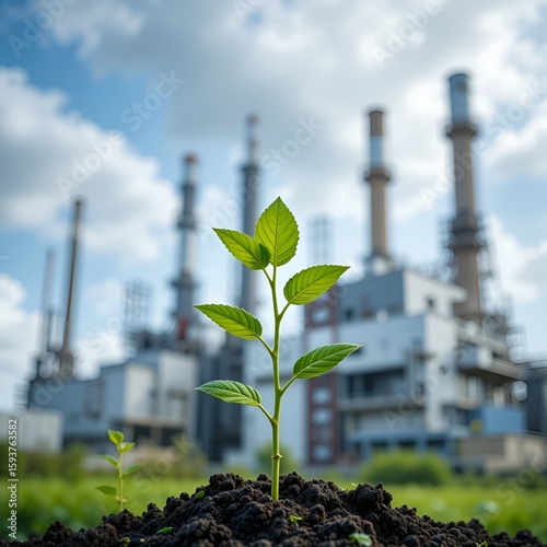 Sustainable industrial development represented by young plant growing in front of modern factory, symbolizing integration of green technology and nature in manufacturing. 