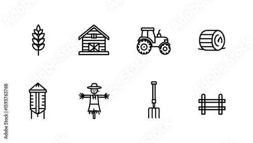 Illustration showing farm elements like wheat, barn, tractor, hay bale and scarecrow, fence, silo, pitchfork