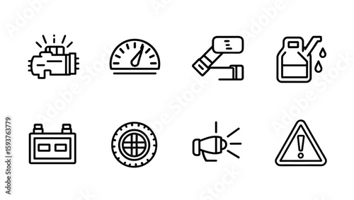 Automotive icons depicting engine, speedometer, jack, oil, battery, tire, horn, and warning sign