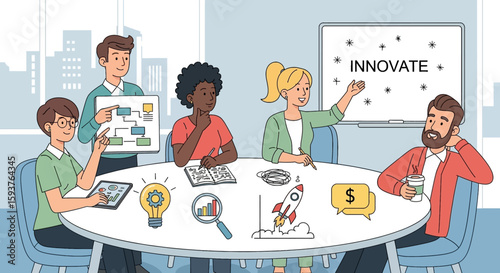 Diverse team collaborates, brainstorming innovative solutions and strategies during a dynamic meeting in a modern office environment.