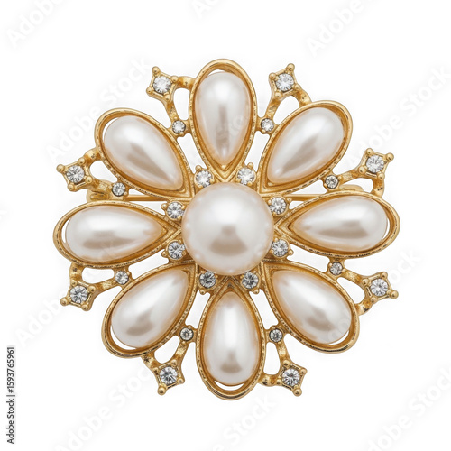 Pearl and rhinestone flower brooch in gold isolated on transparent background