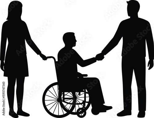 Inclusive teamwork concept, diverse people meeting, helping wheelchair user, disability support, accessibility, community care, collaboration, unity, trust