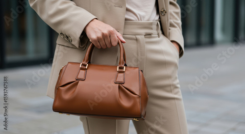 Elegant woman carries a brown leather handbag complementing her tailored beige suit ensemble.