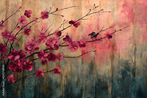 Floral painting featuring cherry blossoms and two birds on textured background