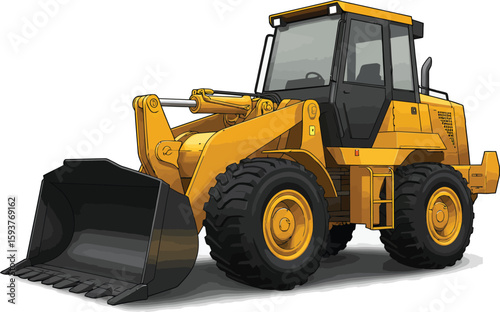 Illustration of a yellow front-end loader with a large bucket, isolated on a white background.