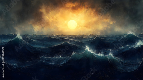 Dramatic ocean waves crest under a glowing sunset with dark, stormy clouds looming above
