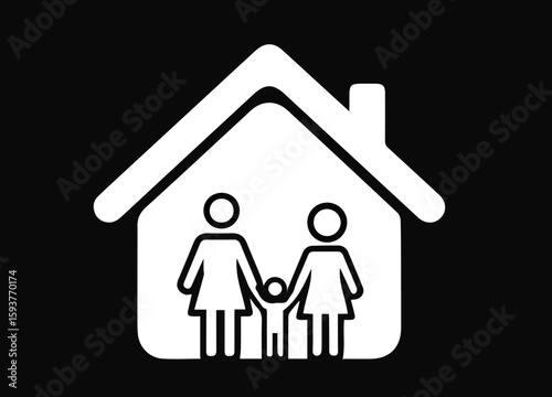 Icon of a same-sex female couple holding hands inside a home. Vector symbol for LGBT family, lesbian relationship, love, safety, and real estate.