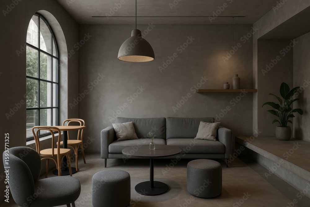 Fototapeta premium Modern Gray Tone Café Interior with Minimalist Design Elements
