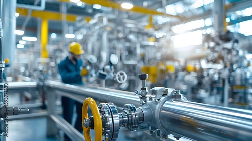 Close up view of industrial and pressurized steel pipes transporting raw oil into a refinery processing unit for further refinement and production