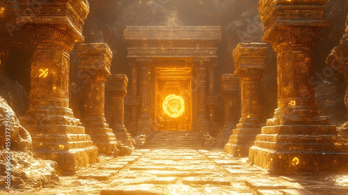 Golden temple entrance glows, framed by pillars and rough rock walls, creating a mystical, inviting path