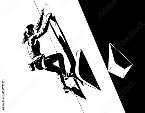 Minimalist black and white lineart illustration of a woman rock climbing