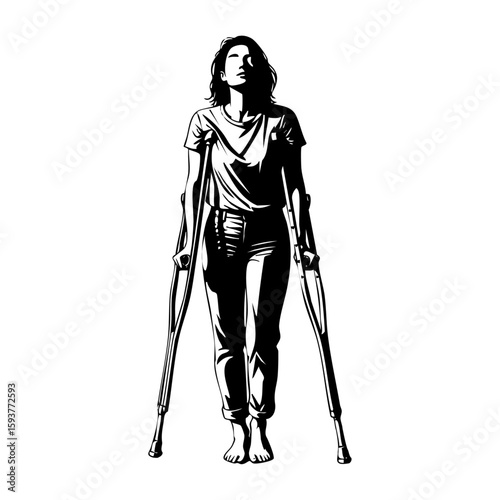 Minimalist black and white lineart illustration of a woman standing with crutches