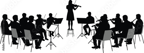 Silhouette of orchestra performing, musicians with instruments, violinist standing, conductor absent, classical music group, live performance, ensemble, music scene, harmony