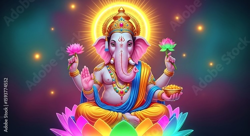 Divine Elephant God Ganesha with Blessing Pose.Festive Ganesh Chaturthi Artwork with Lights, Digital Idol of Ganesha ,Ganesh with Golden Ladoo,Illuminated Ganesha Painting,Religious Hindu God Ganesha
